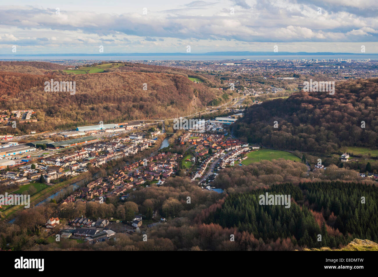 View of Taffs Well village from Garth Mountain(Mynydd y Garth) with the city of Cardiff and the Bristol Channel in the background Stock Photo