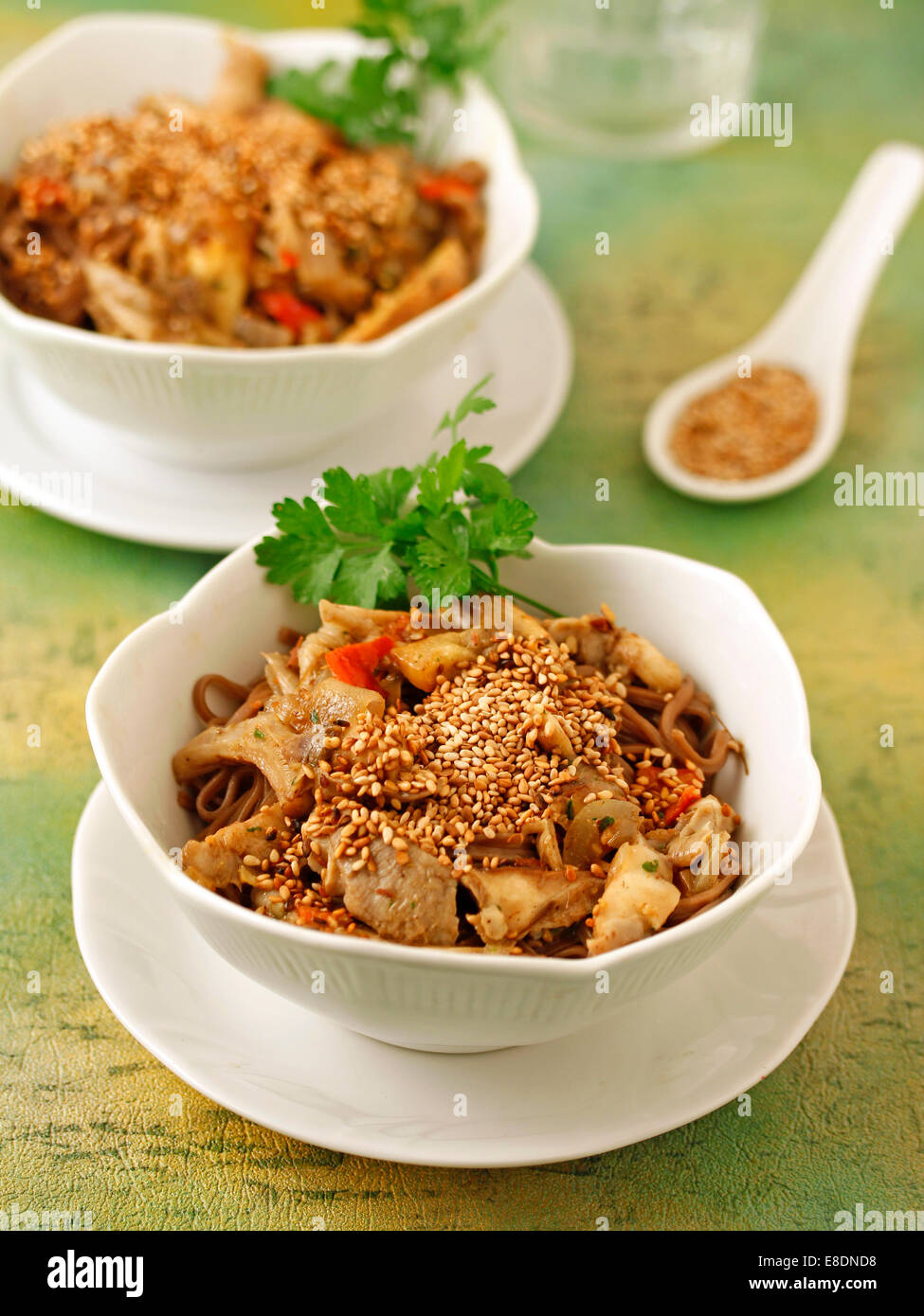 Soba noodles with mushrooms. Recipe available Stock Photo Alamy