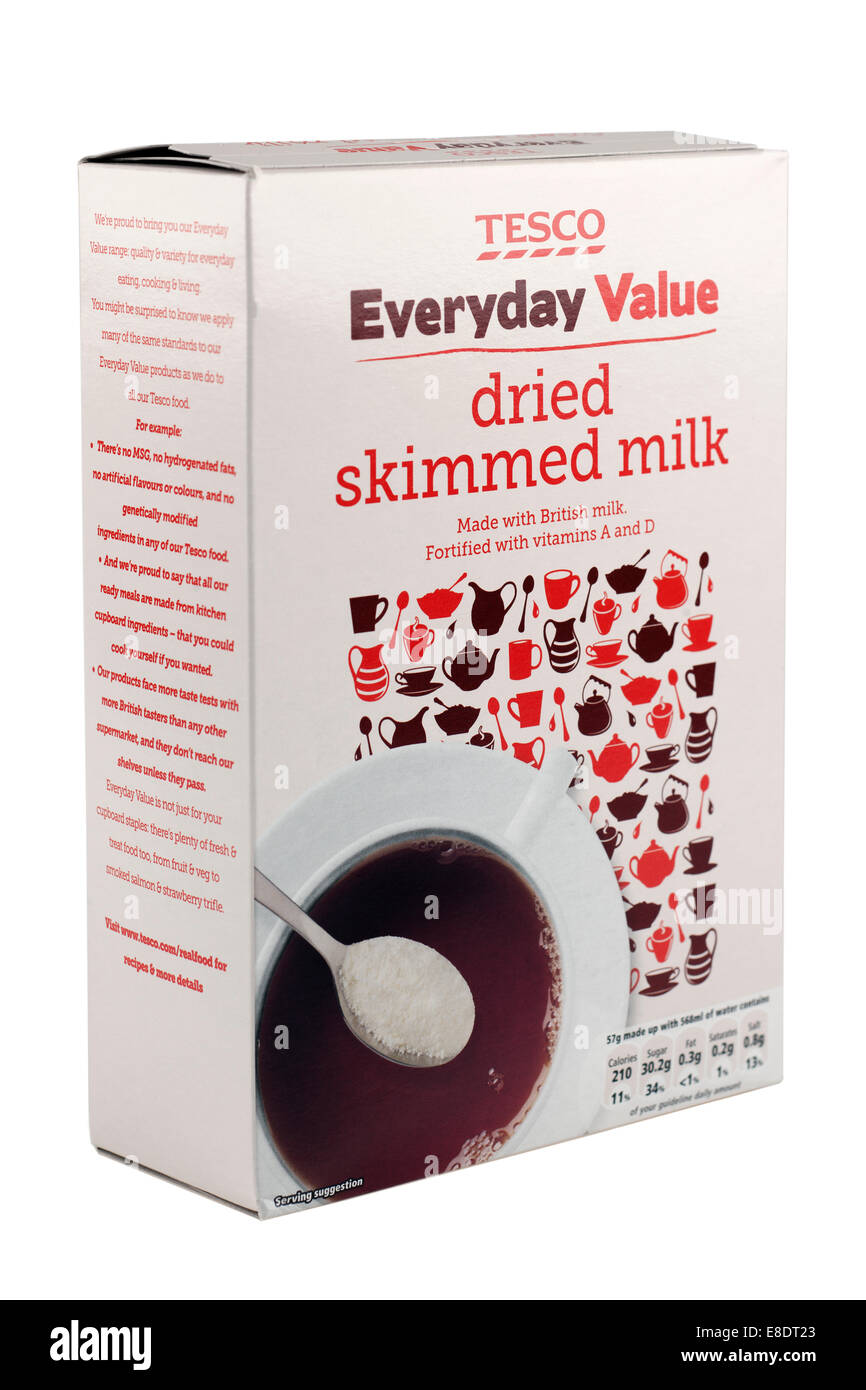 Box of Tesco Everyday value dried skimmed milk powder Stock Photo
