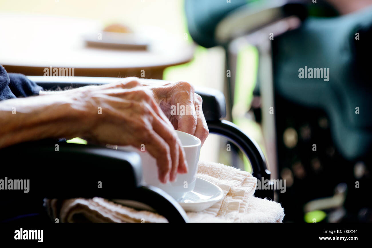 An elderly person sitting in a wheelchair is handed a cup of tea by nursing staff. Stock Photo