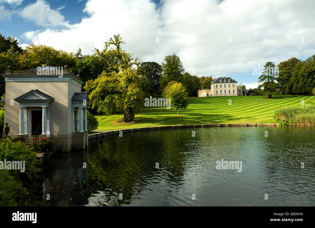 Nymphaeum at the lakeside and main house at Oakfield Demesne, Raphoe