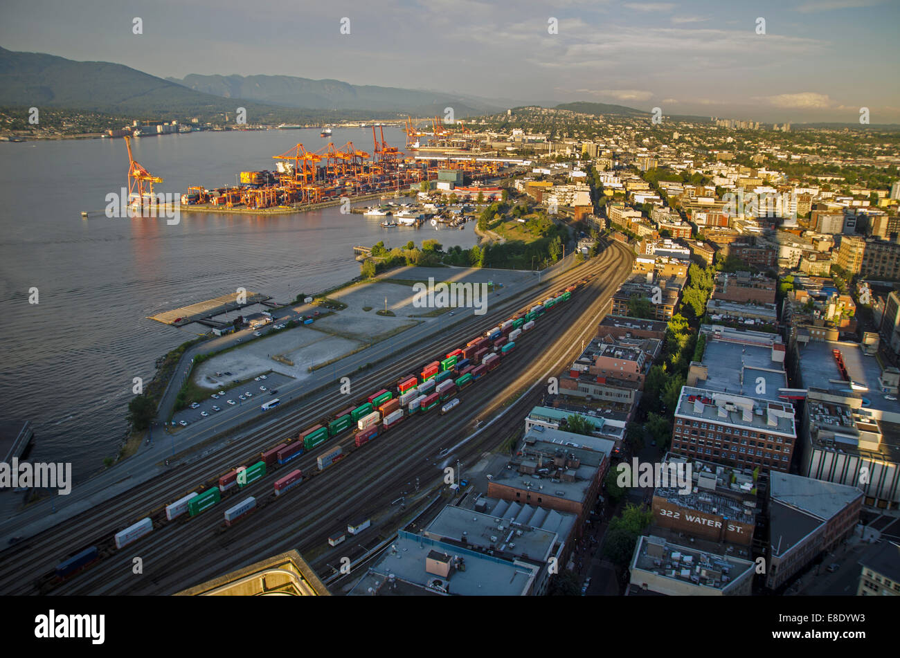 View of train tracks & containers near Port of Vancouver Stock Photo