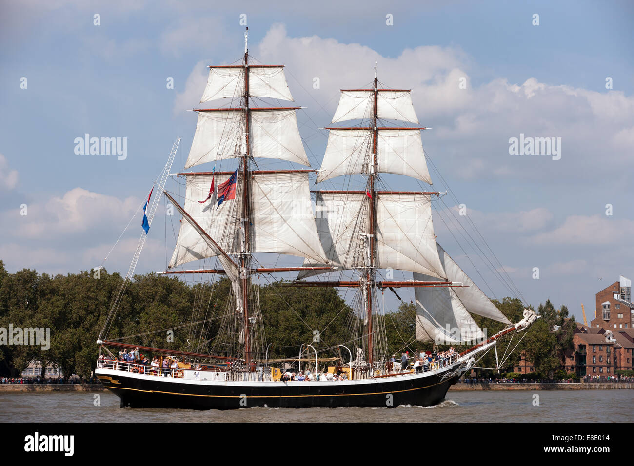Morgenster, a Dutch brig,  taking part in the parade of sail, during the Tall Ships Festival, Greenwich. Stock Photo