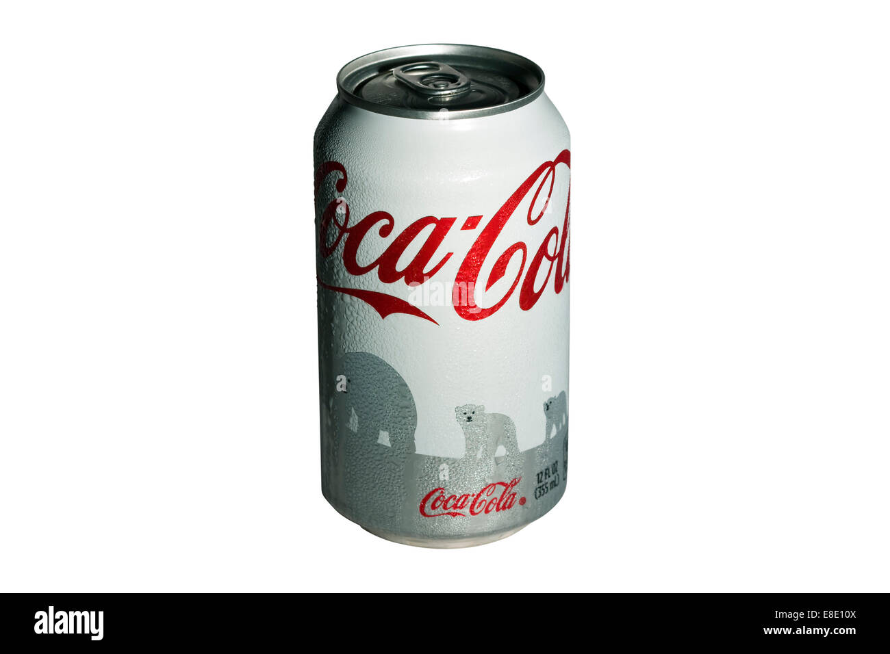 Cut Out. Condensation collecting on a white Coca-Cola can with three silver gray Polar Bears Stock Photo