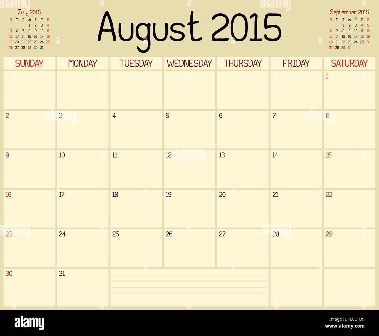A monthly planner calendar for August 2015. A custom handwritten style ...