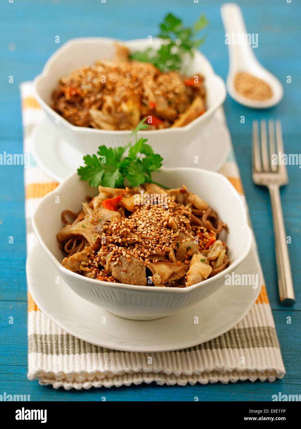 Soba noodles with mushrooms. Recipe available Stock Photo Alamy