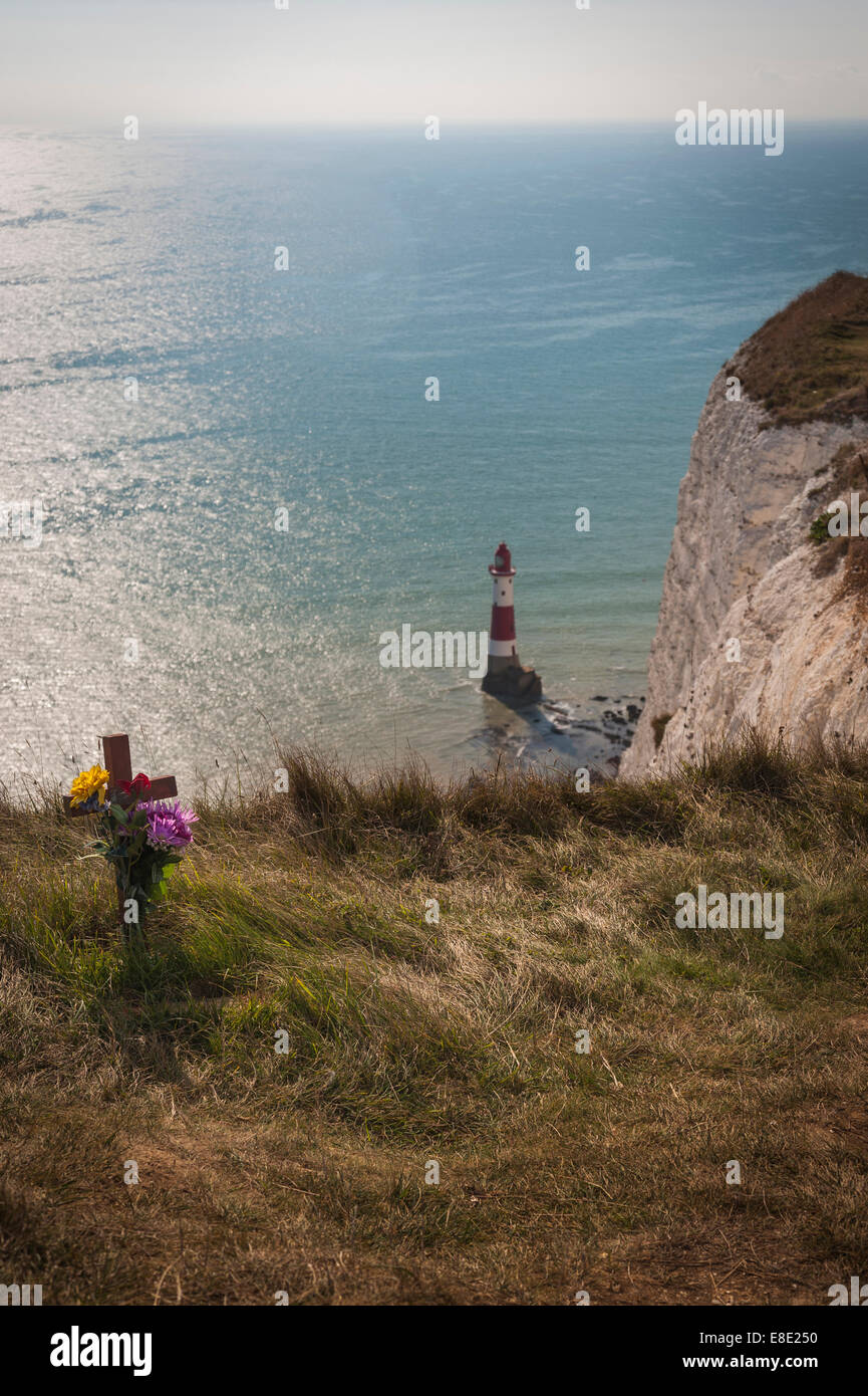 Cross left as a remembrance of a suicide at Beachy Head, East Sussex, UK Stock Photo