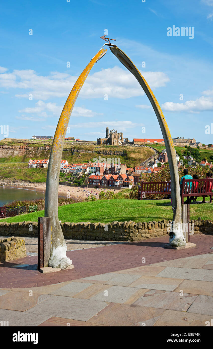 View from whalebone arch across the harbour to Whitby Abbey in summer Whitby North Yorkshire England UK United Kingdom GB Great Britain Stock Photo