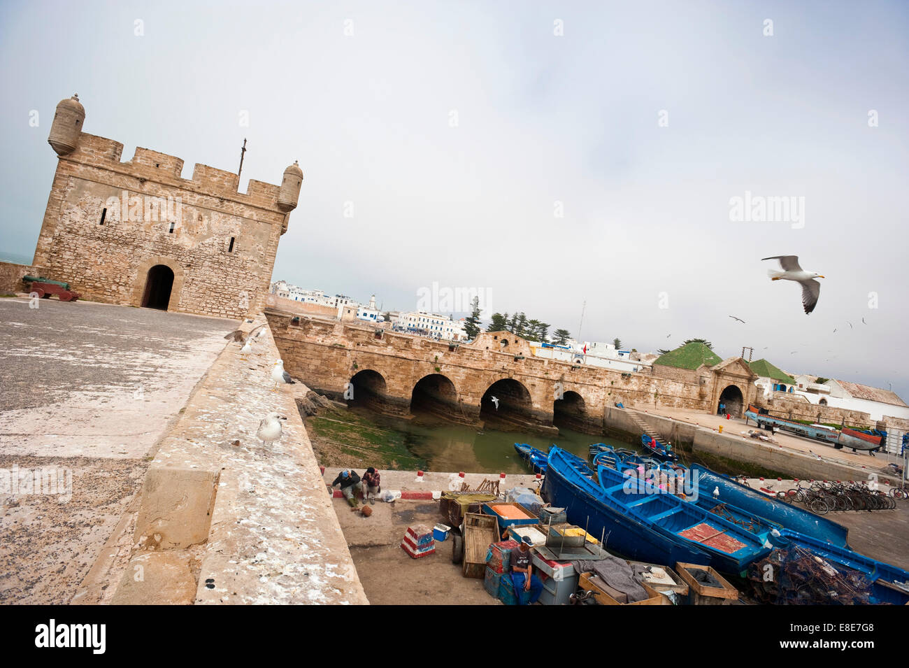 Horizontal angular view of the fortress and quayside in Essaouira. Stock Photo