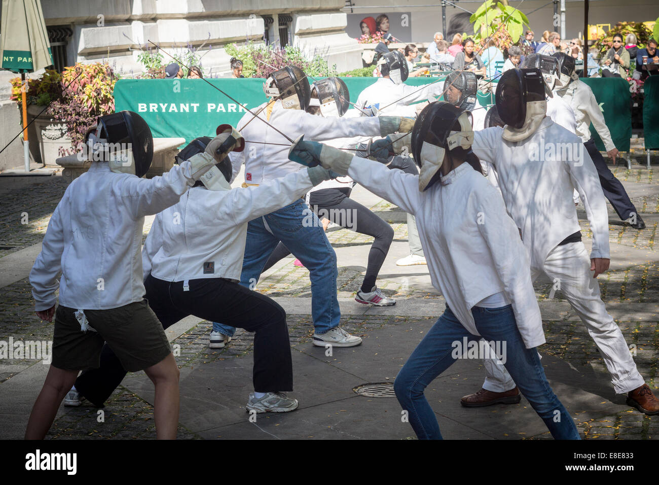 Fencing lessons on the New York Public Library terrace as part of the