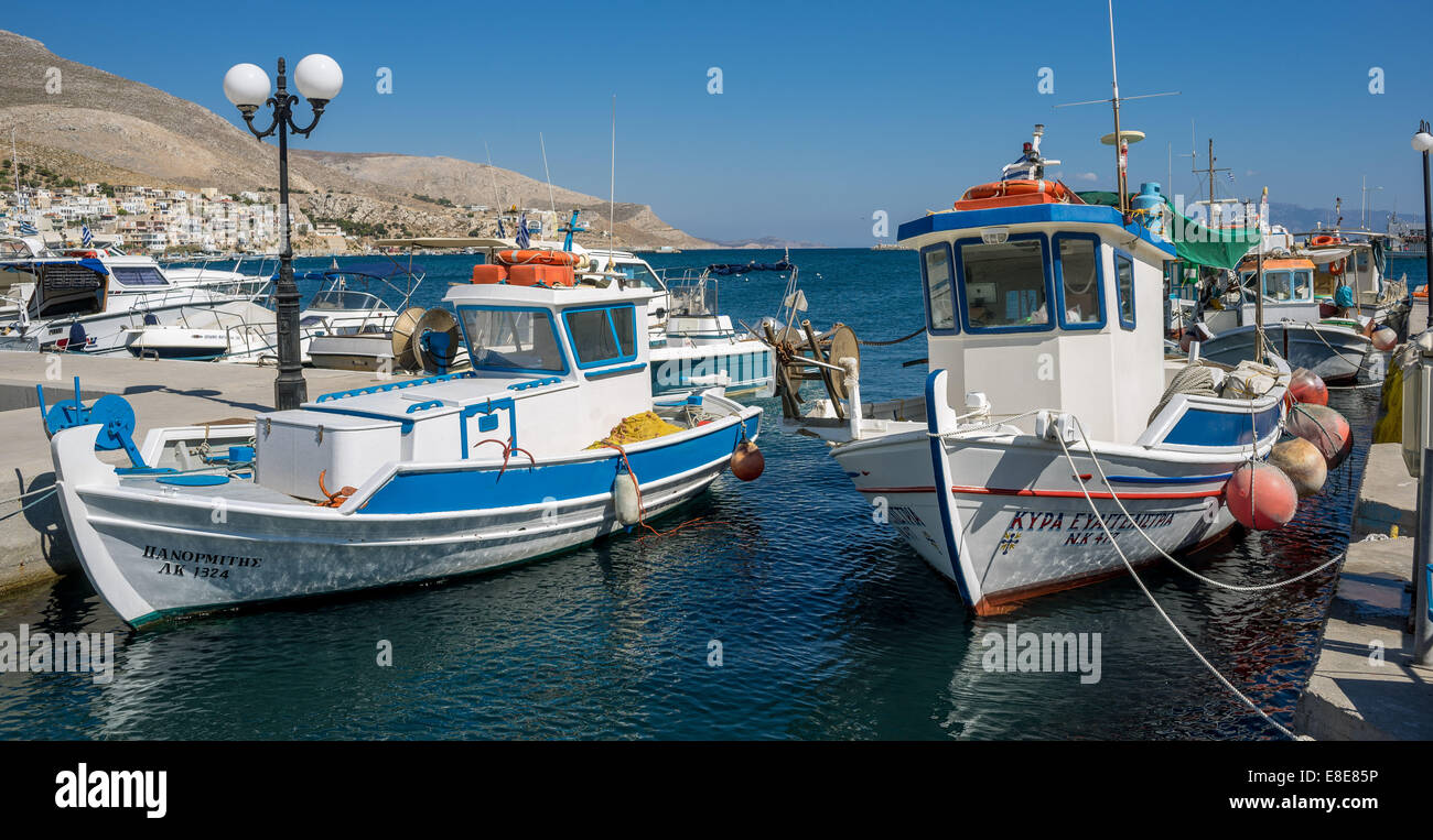 Old colorful wooden greek fishing boats Pothia Kalymnos Stock Photo Alamy
