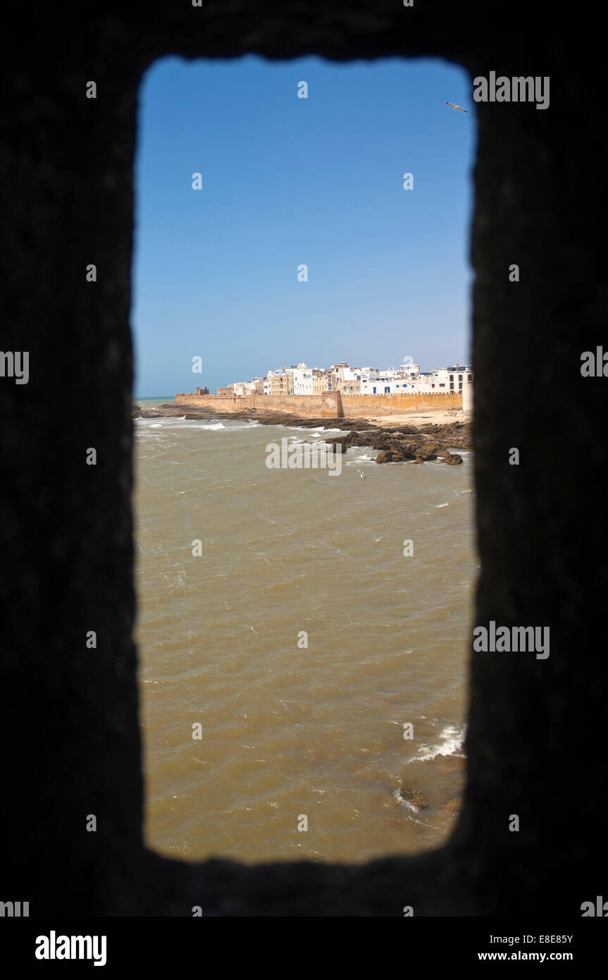Vertical view of Essaouira through a porthole. Stock Photo
