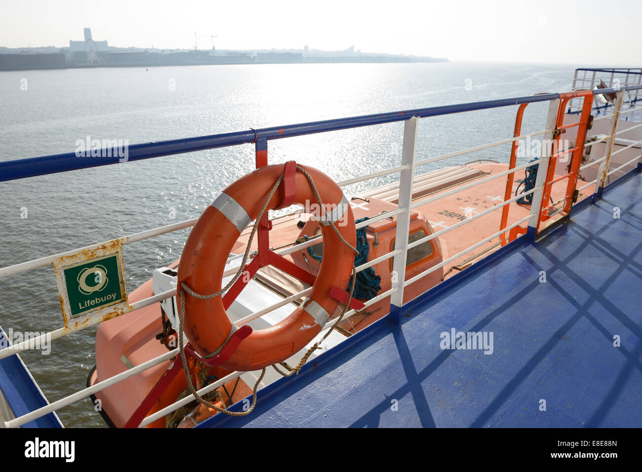 Rescue equipment on the deck of a Stena Line Irish Sea ferry on the River Mersey Stock Photo