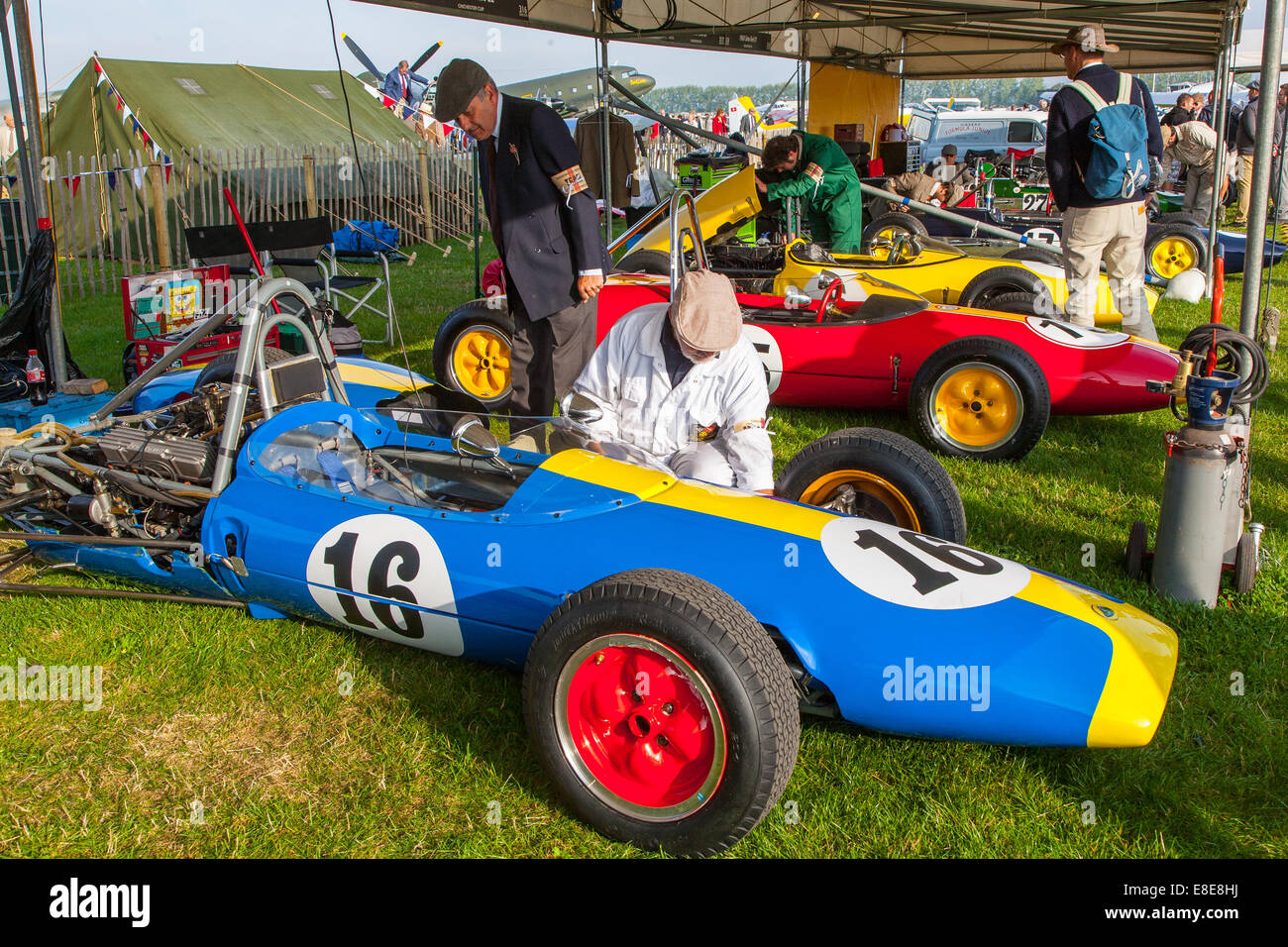 A line of classic vintage Lotus racing cars in the pit area at the Goodwood Revival 2014, West Sussex, UK Stock Photo