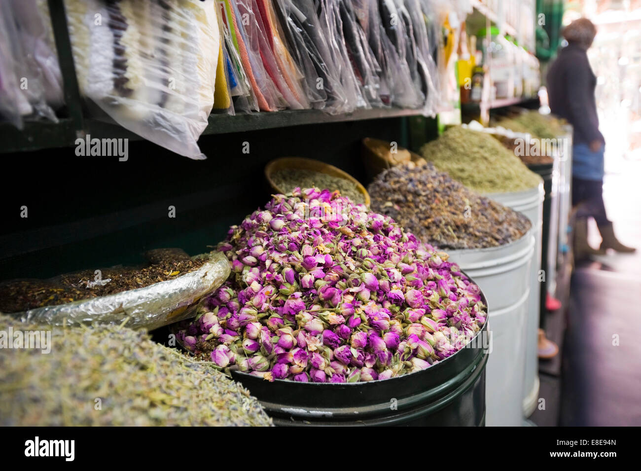 Horizontal close up of a shop full of herbs and spices in the souks of Marrakech. Stock Photo