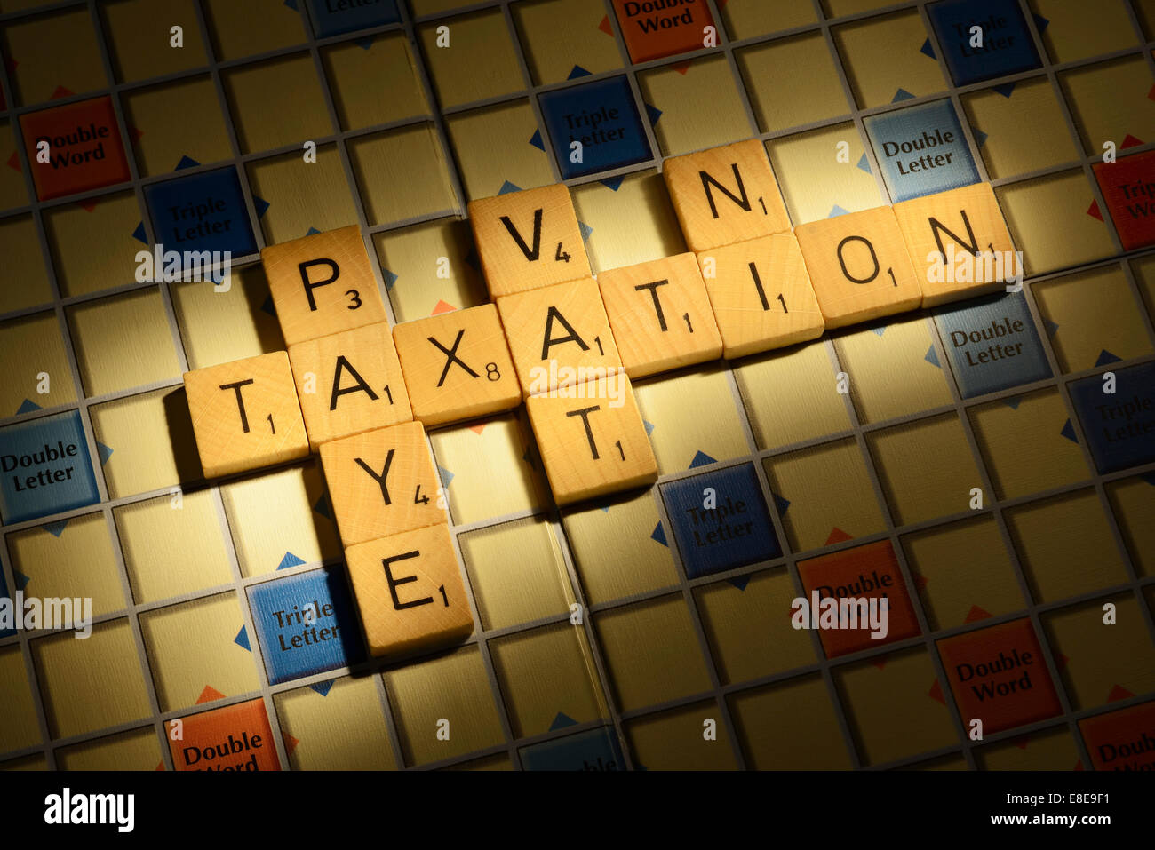 Scrabble board with the words Taxation PAYE VAT NI Stock Photo