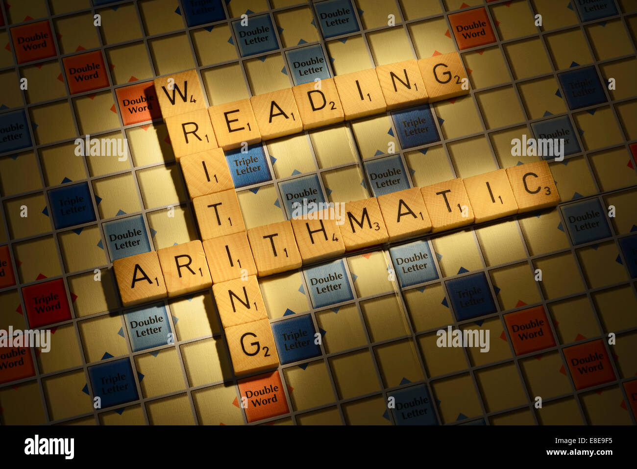 Scrabble board with the words Reading Writing Arithmatic Stock Photo