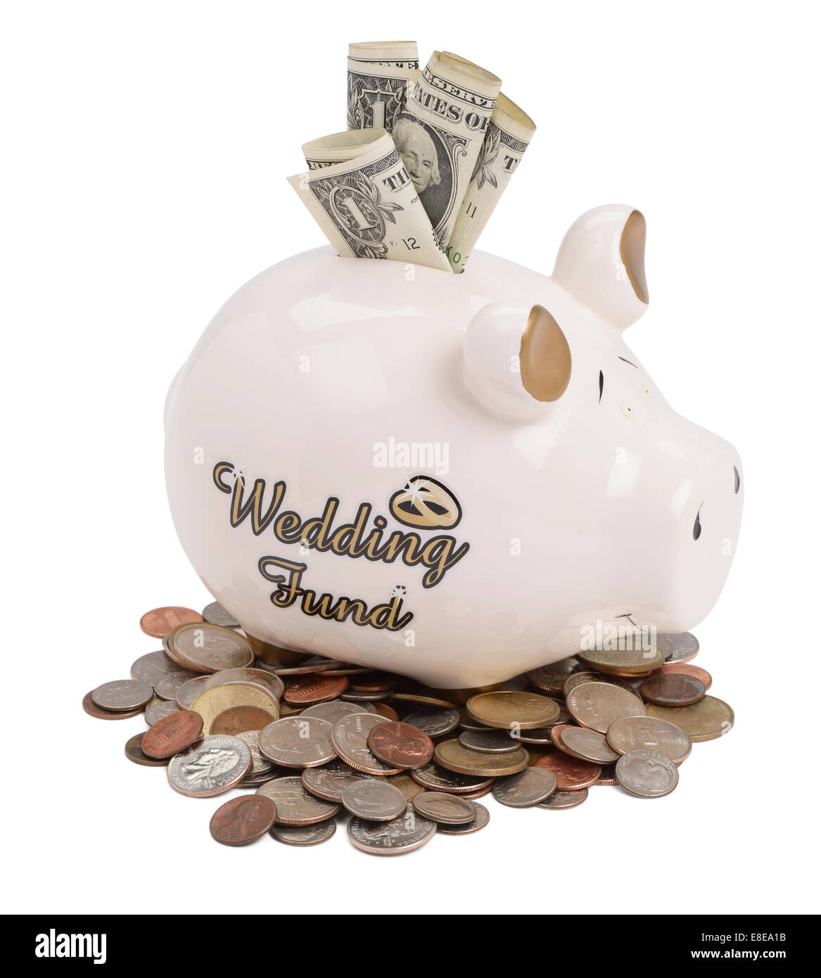 Wedding fund piggy bank with US dollar coins and notes Stock Photo