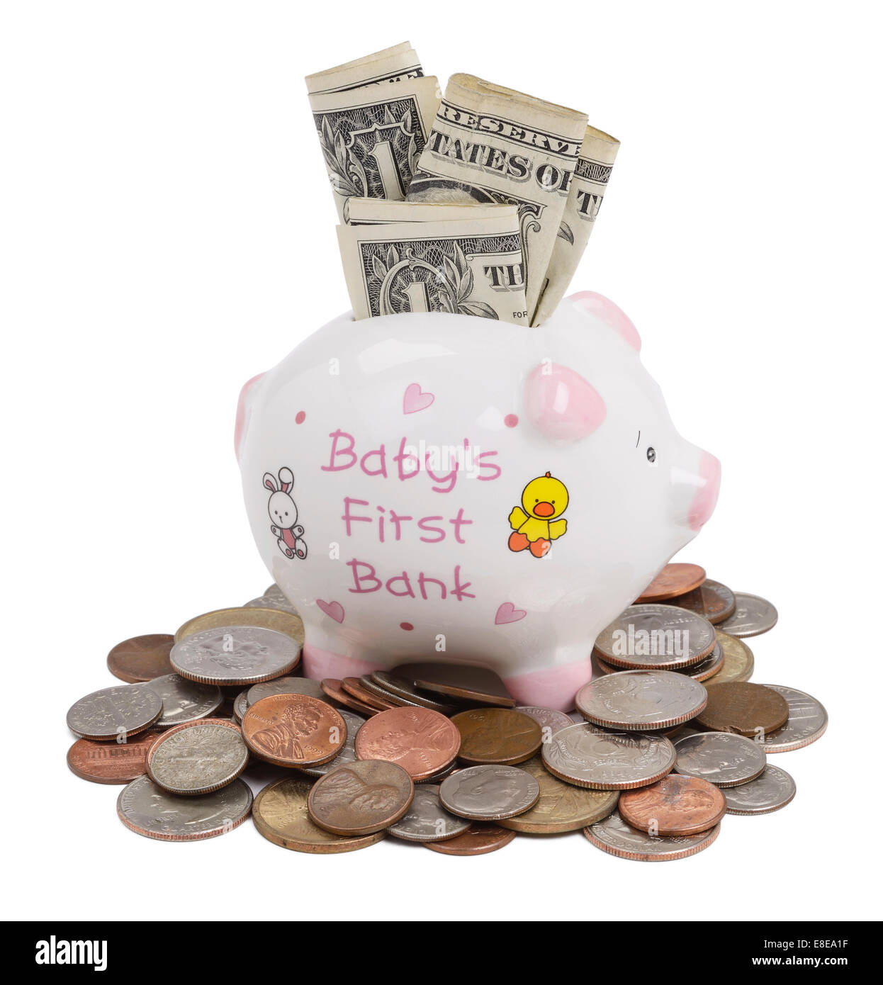 Baby piggy bank with US dollar coins and notes Stock Photo