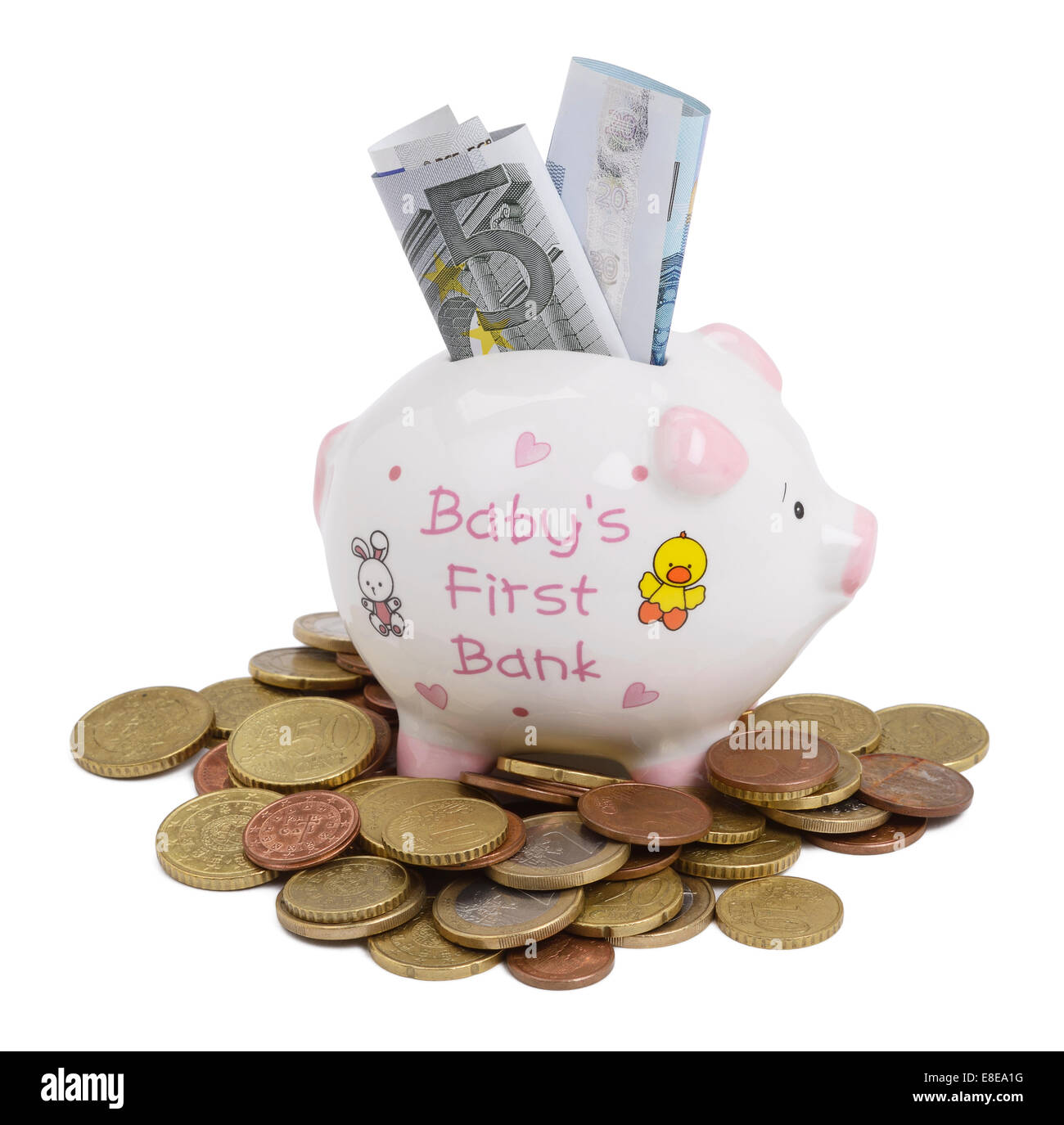 Baby piggy bank with Euro coins and notes Stock Photo