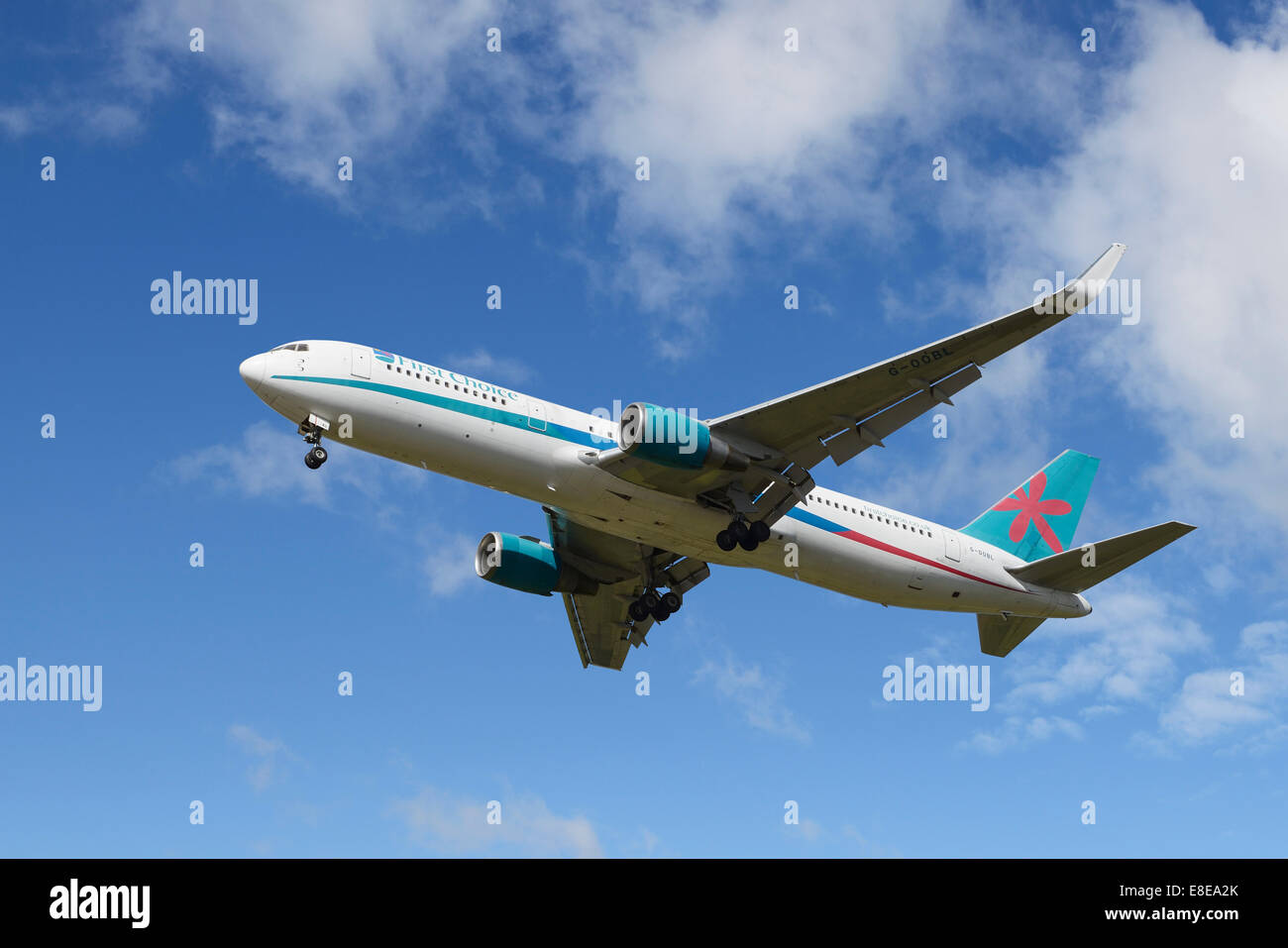 First Choice Boeing 767 aircraft on the final approach to Manchester Airport UK Stock Photo