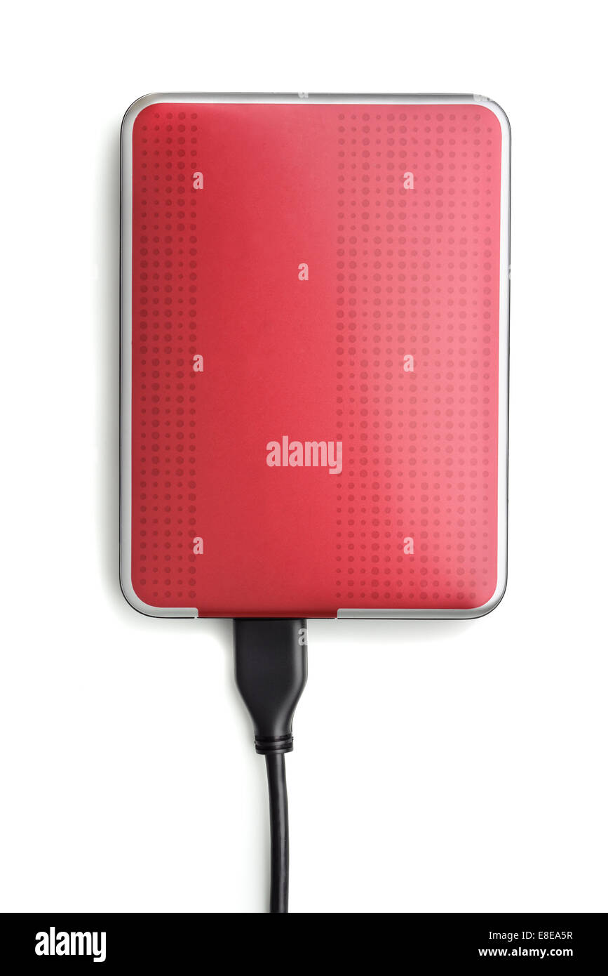 Red external hard disk drive isolated on white Stock Photo