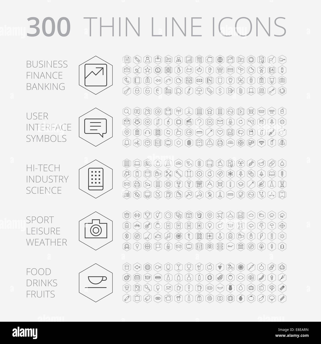 Thin Line Icons For Business, Technology and Leisure. Raster version. Stock Photo