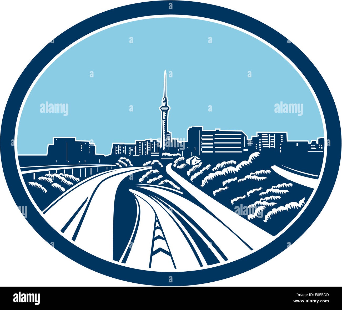 Illustration of the Sky Tower in the skyline of Auckland, New Zealand