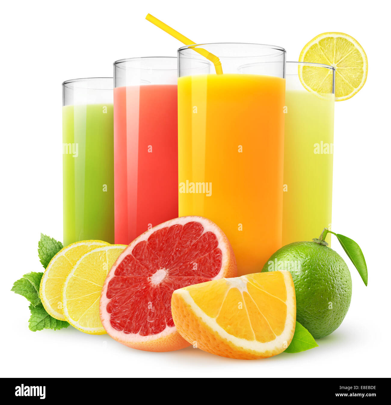 Fresh citrus juices isolated on white Stock Photo