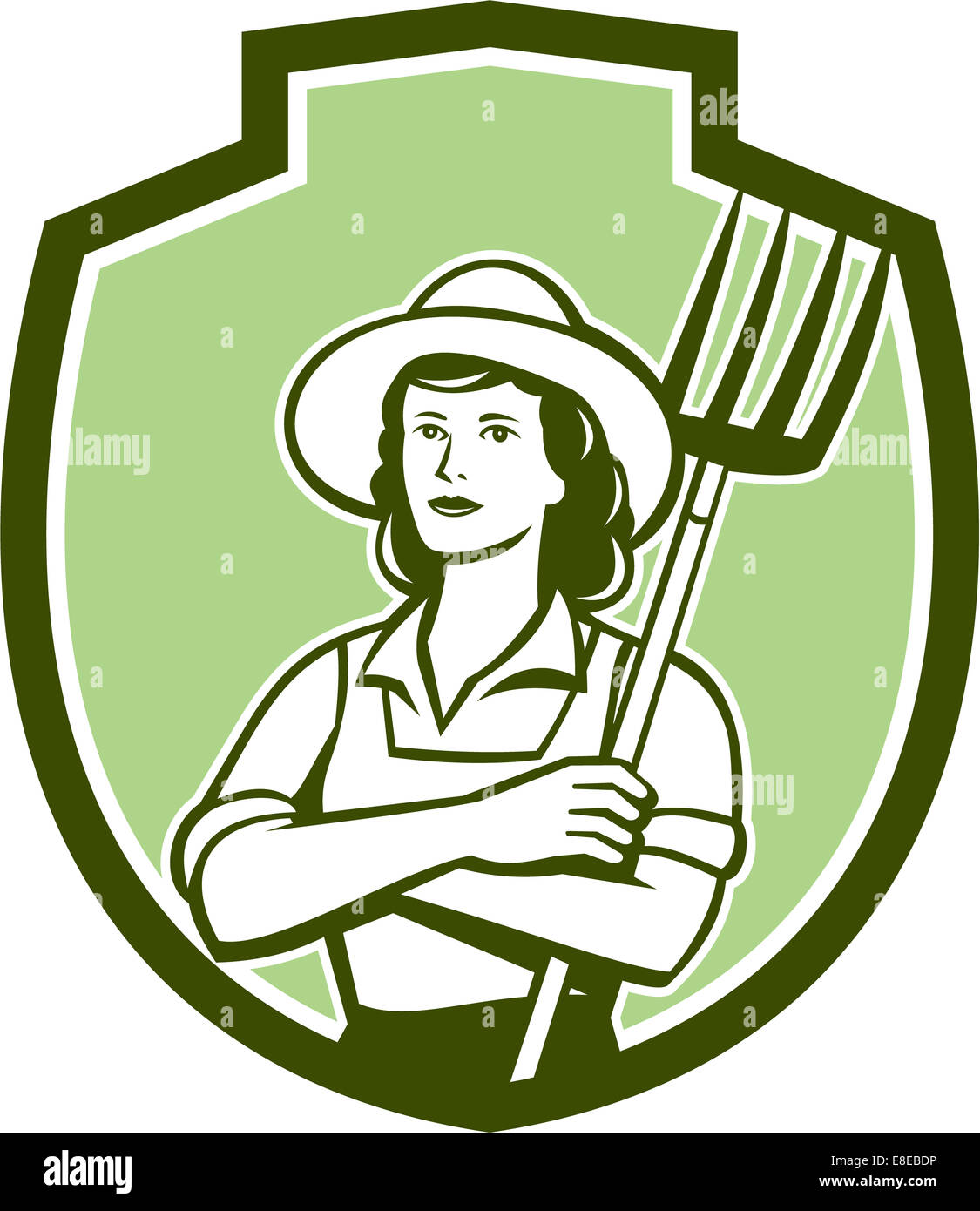 Illustration of a female organic farmer with pitchfork with hat facing ...