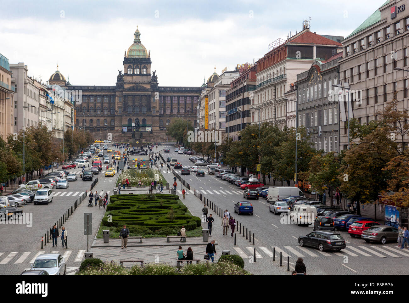 European city square Prague Wenceslas Square Boulevard Tourism National Museum Prague Czech Republic Europe Stock Photo