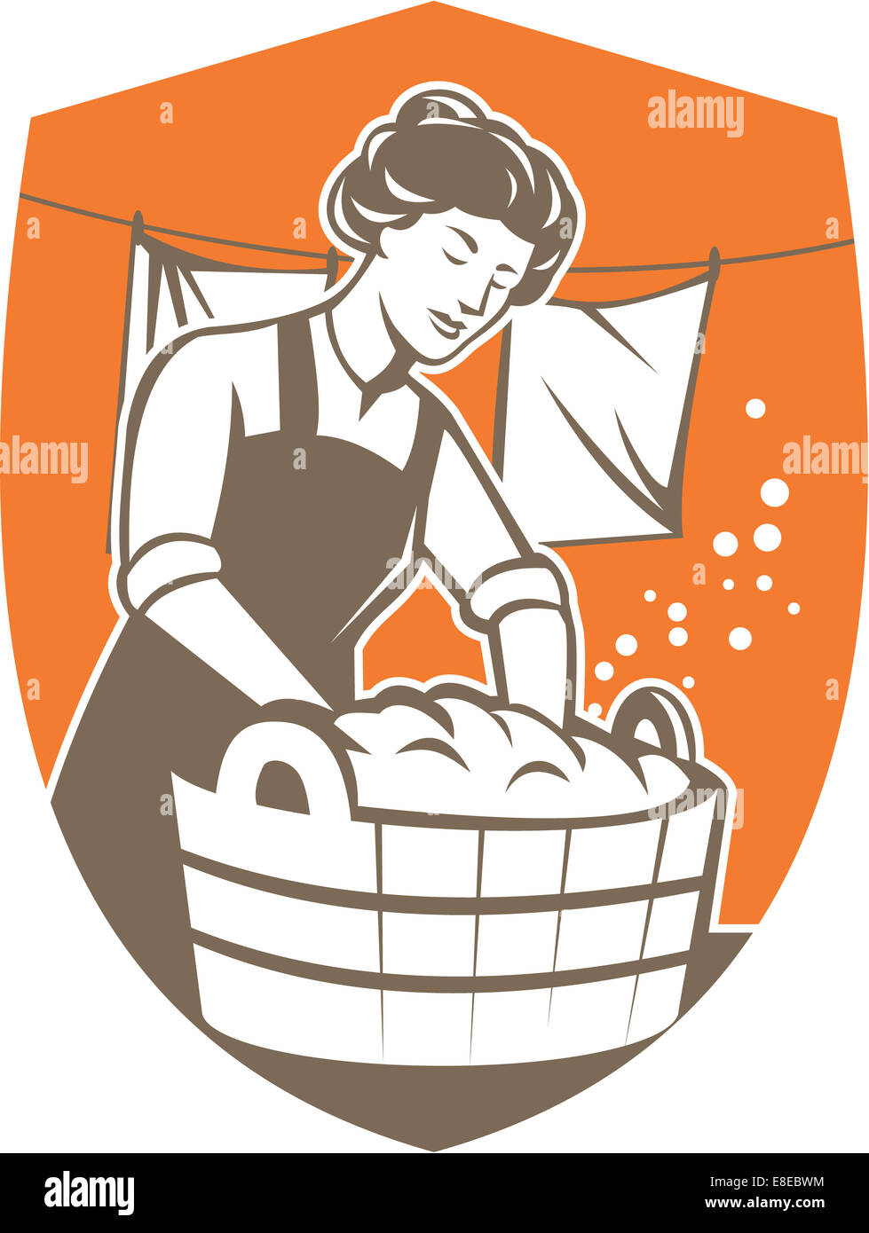Illustration of a housewife washing laundry using wooden bucket with clothes hanging in line set inside shield crest shape done Stock Photo