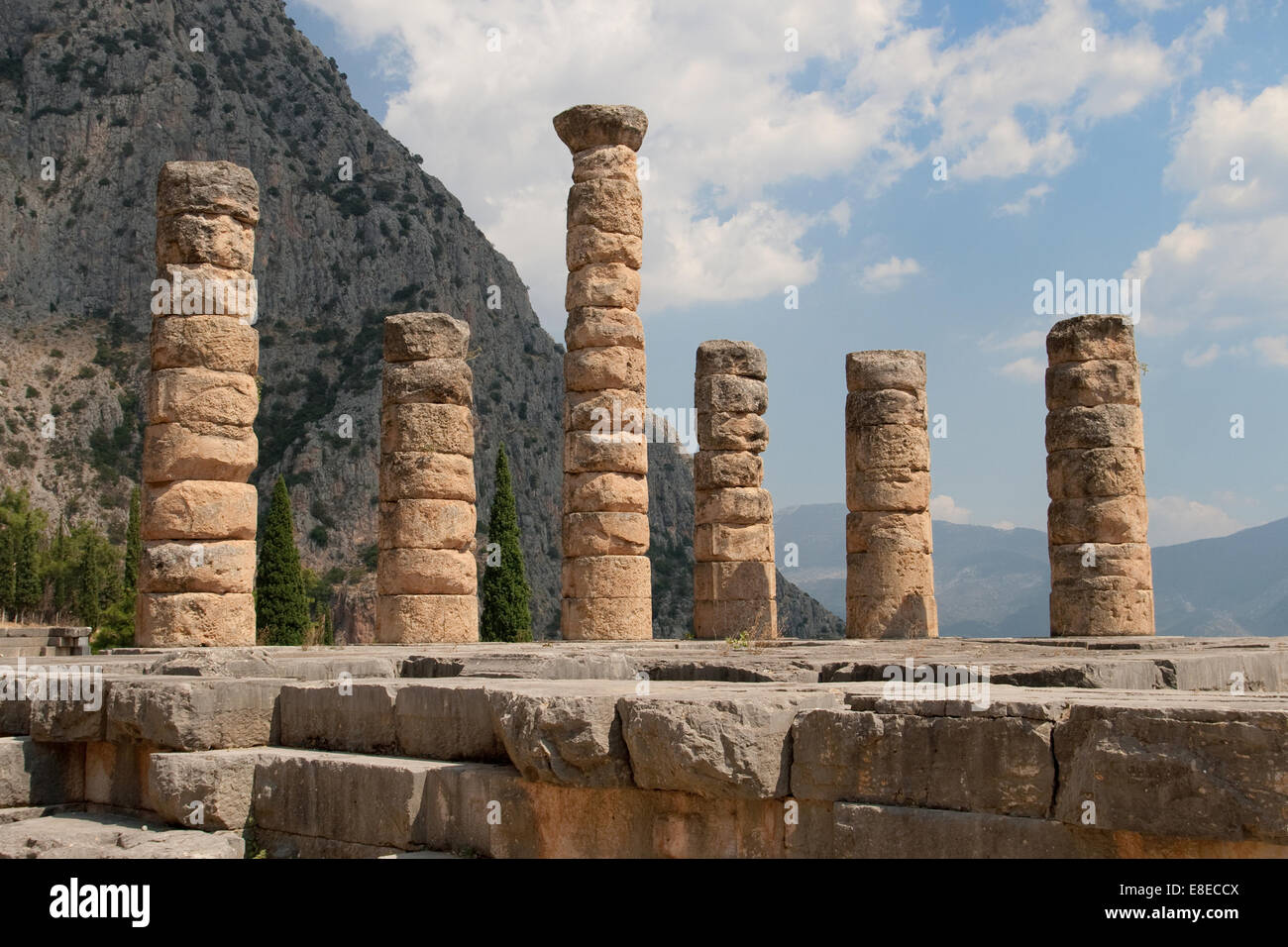 Five standing columns of Temple of Apollo in Delphi, Greece. Stock Photo