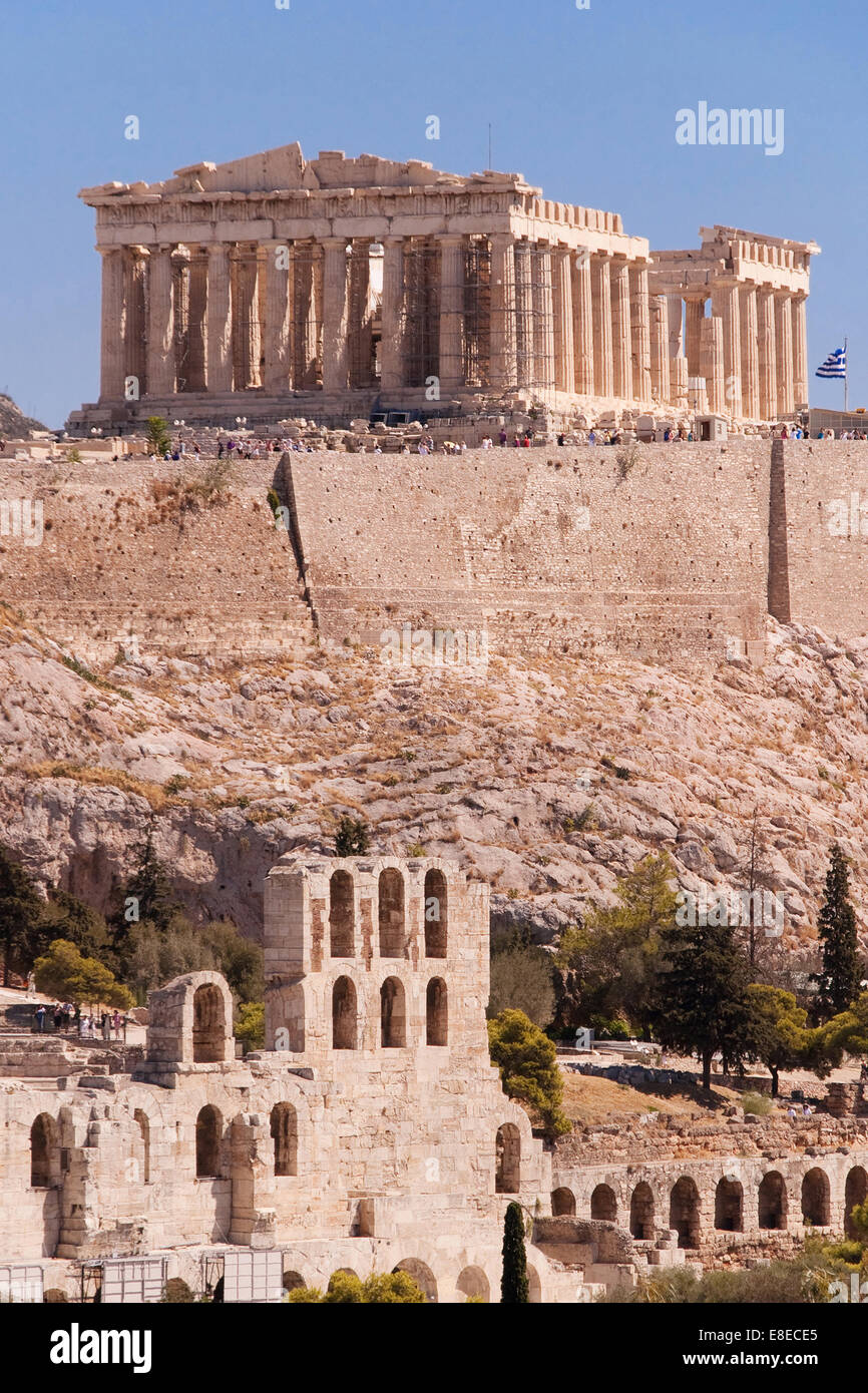Parthenon temple and Odeon of Herodes Atticus in the Acropolis of Athens, Greece. Stock Photo