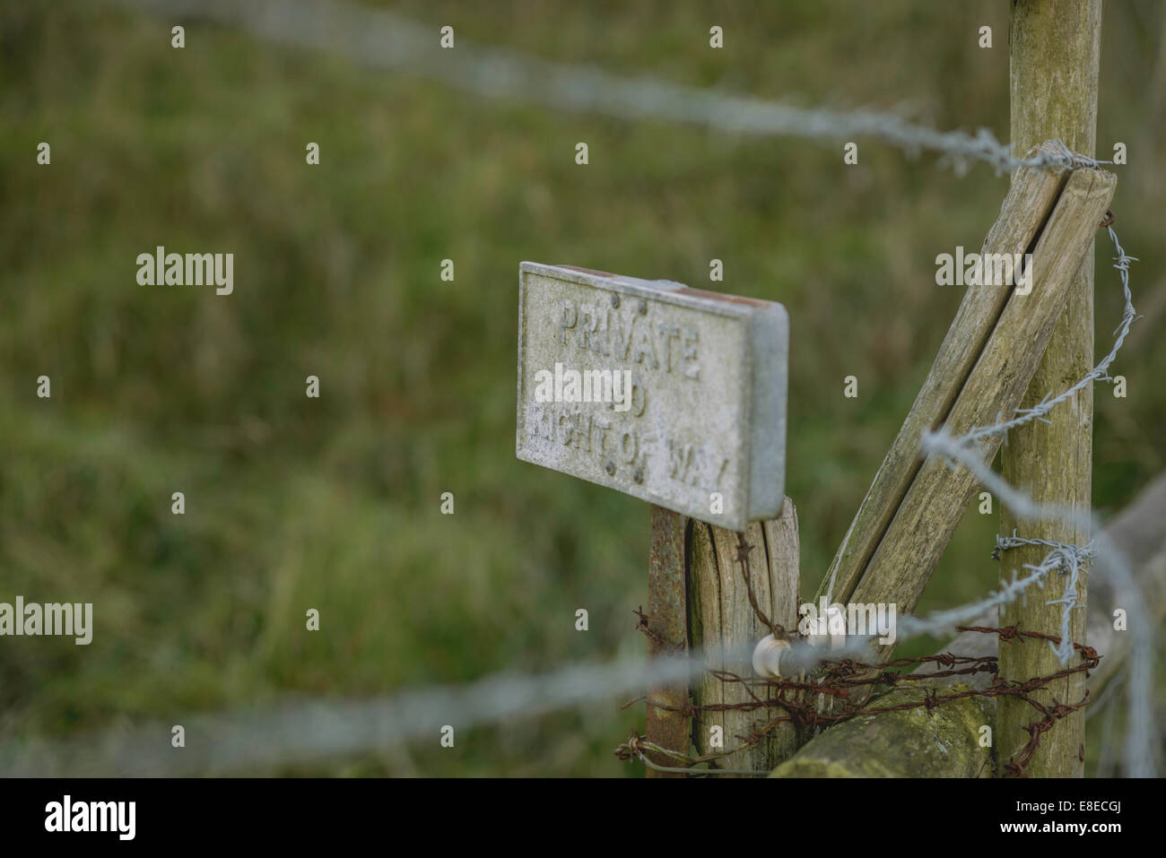 Private No Right of Way Sign amongst Barbwire and Fence Posts Stock Photo