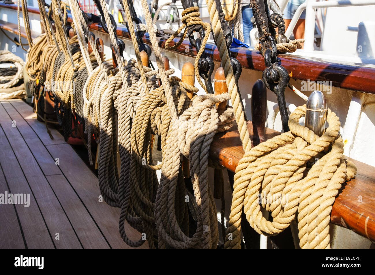 Tall ship rigging, tied ropes Stock Photo
