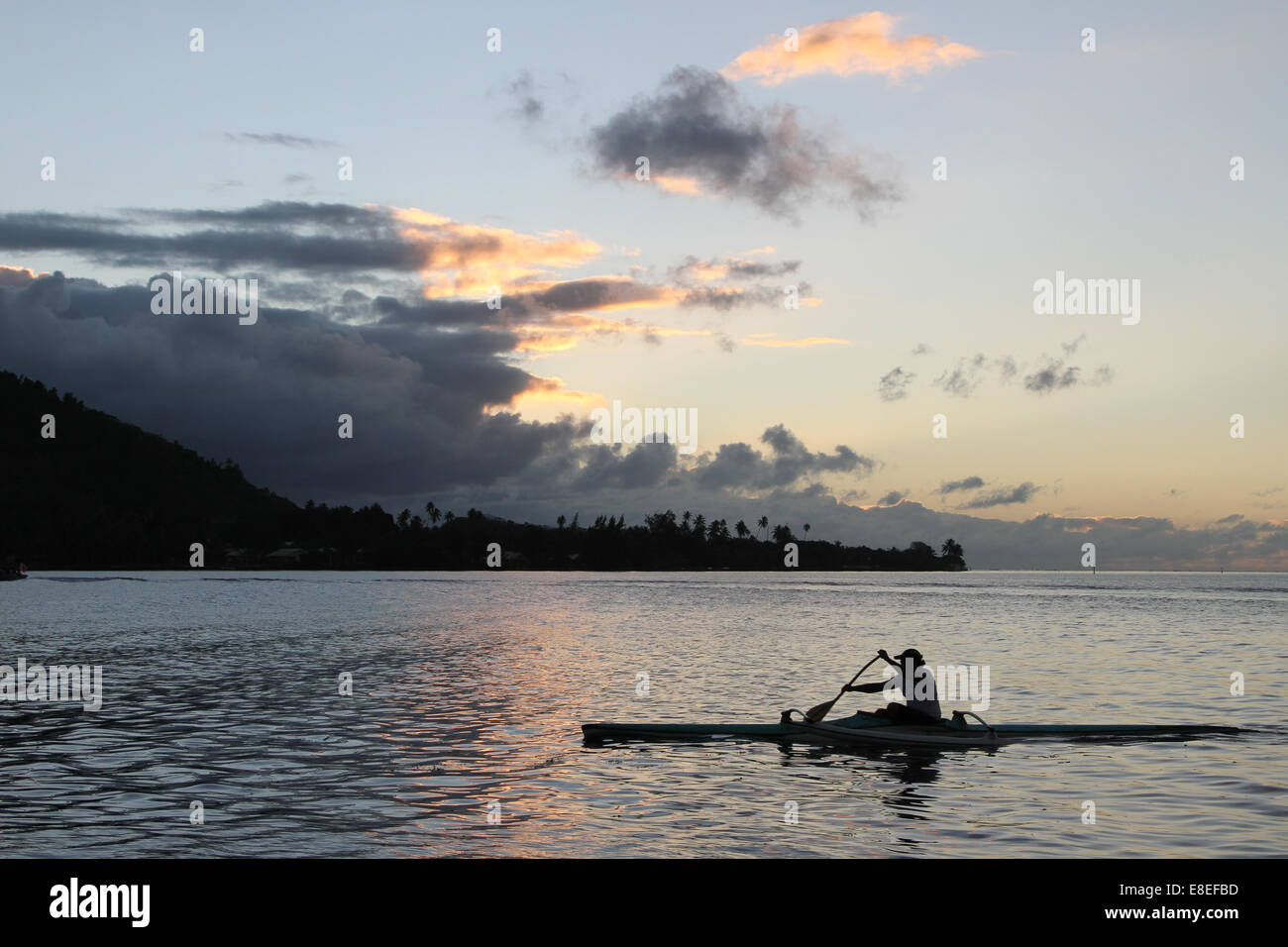 man paddling outrigger canoe in a tropical lagoon Stock Photo - Alamy