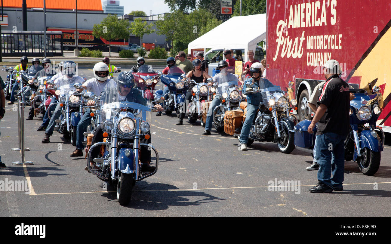 Riders lined up to start a promotional ride for the new Indian Motorcycles. St Paul Minnesota MN