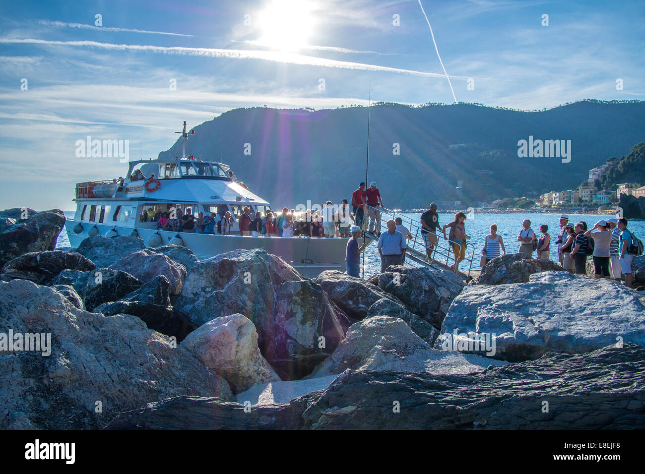 Disembarking the local boat at Monterosso, Cinque Terre, Liguria, Italy. Stock Photo