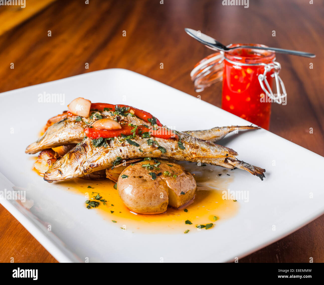 Grilled Sardines Plate with Red Pepper and Potato in a Portuguese