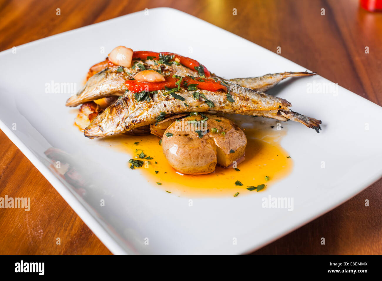 Grilled Sardines Plate with Red Pepper and Potato in a Portuguese Restaurant Stock Photo Alamy