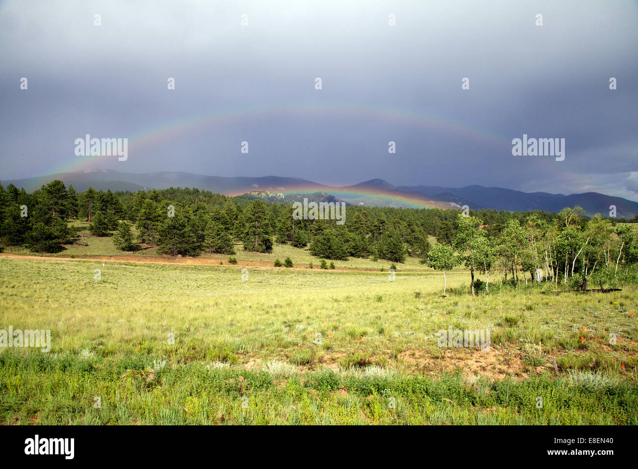 Double rainbow in Pike National Forest, Colorado Stock Photo