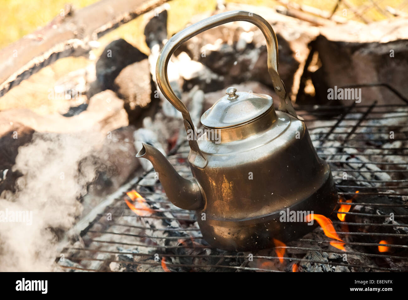 boiling kettle with steam on firewood and ash in winter forest Stock Photo  - Alamy