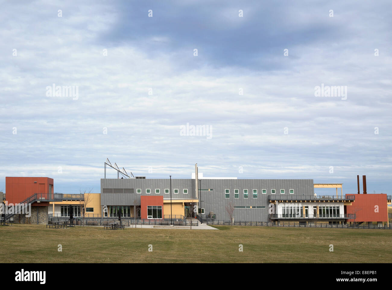 The Environmental Education and Ethics Centre, a LEED Gold Standard building with water treatment wetland in Ralph Klein Park Stock Photo