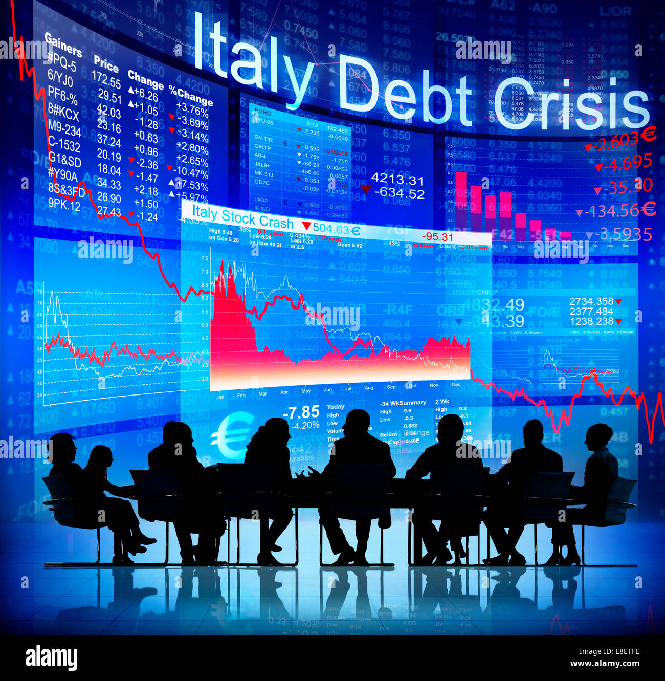 Silhouette of Business People and Italy Debt Crisis Stock Photo