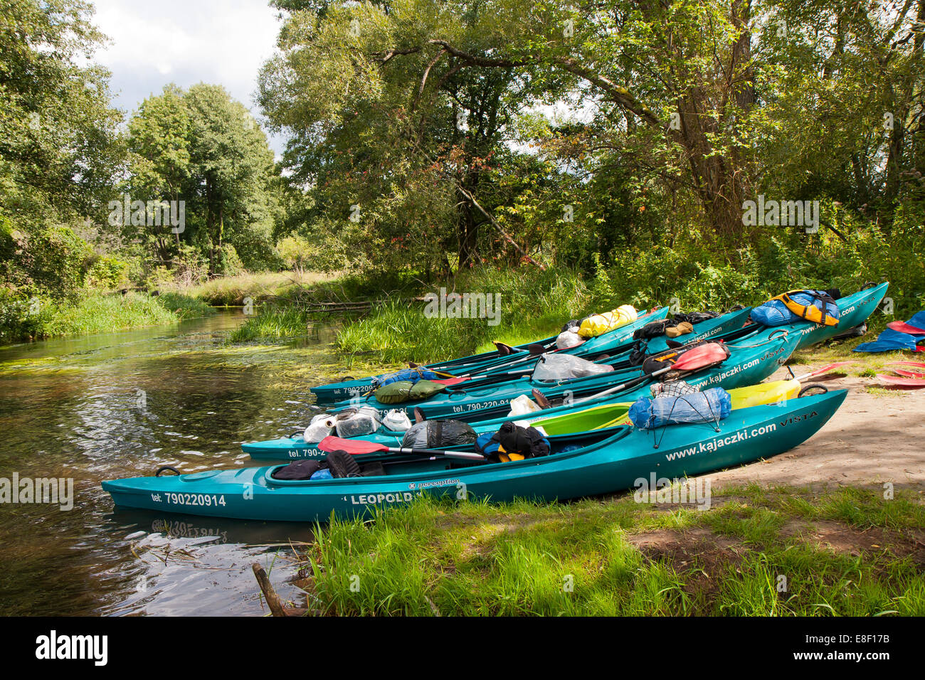 group of young kayakers. Bystrzyca river Kayaking expedition. Poland. Stock Photo