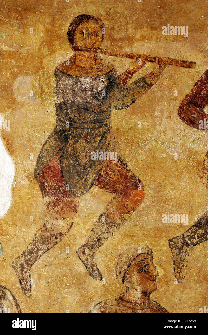 Musicians and acrobats (detail). Artist: Ancient Russian frescos Stock Photo