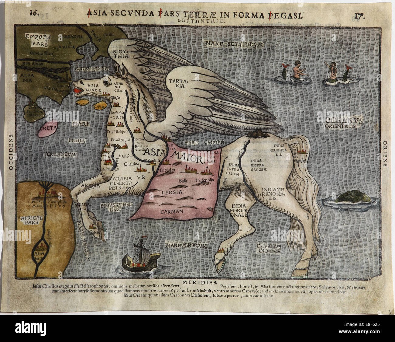 Asia Secunda Pars Terrae in Forma Pegasi (Asia in the Form of Pegasus). Artist: Bünting, Heinrich (1545-1606) Stock Photo