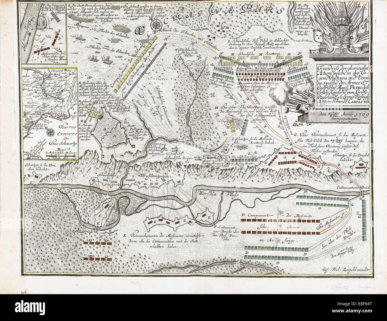 Map of the Battle of Poltava on 27 June 1709. Artist: Leopold, Joseph Friedrich (1668-1727) Stock Photo