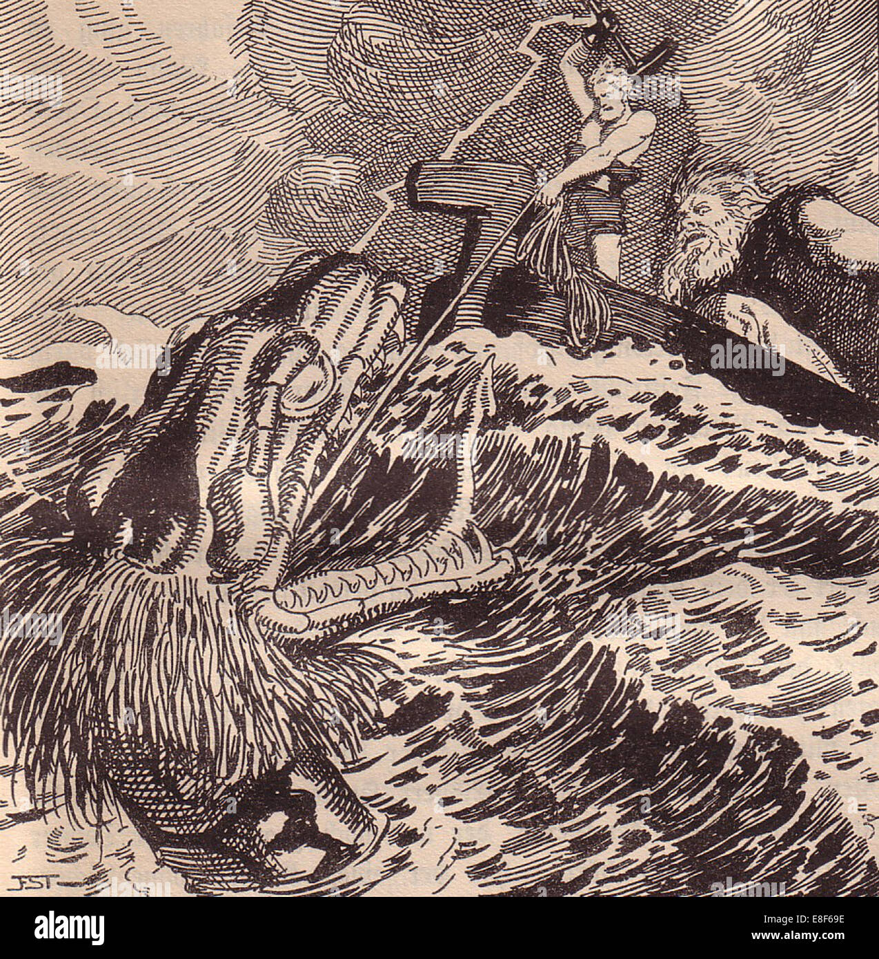 Thor and Hymir Fishing. Illustration for The Edda: Germanic Gods and Heroes by Hans von Wolzogen. Artist: Stassen, Franz (1869-1949) Stock Photo